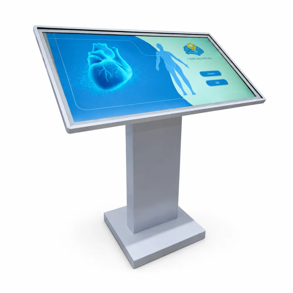 Panel interactivo con pantalla inclinada y soporte de pie
